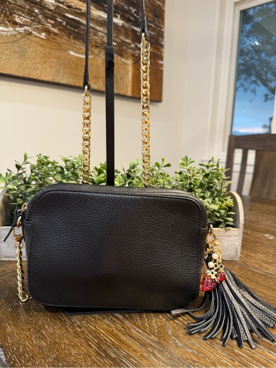14th & Union Handbags - 14th & Union Black Leather Crossbody Bag with Gold Chain, Tassel and Bag Charm